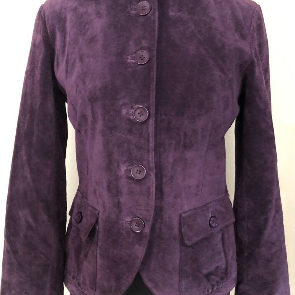 Cache Purple Fitted Leather Suede Jacket Top New Lined Banded Collar $248 NWT - Picture 13 of 15